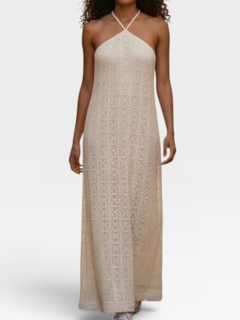 KOTN Crochet Style Cotton Blend Halter Maxi Dress Cream